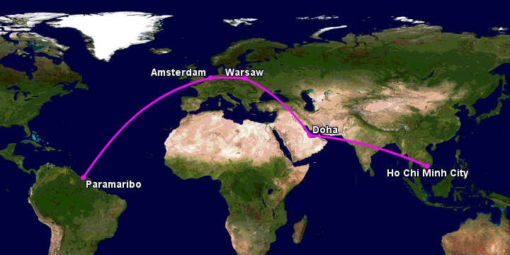 Bay từ Sài Gòn đến Paramaribo qua Doha, Warsaw, Amsterdam