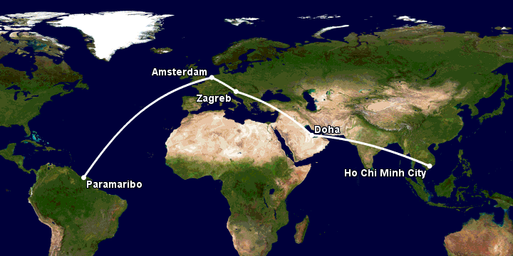 Bay từ Sài Gòn đến Paramaribo qua Doha, Zagreb, Amsterdam
