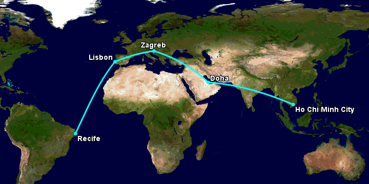Bay từ Sài Gòn đến Recife qua Doha, Zagreb, Lisbon