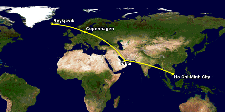 Bay từ Sài Gòn đến Reykjavik qua Dubai, Copenhagen