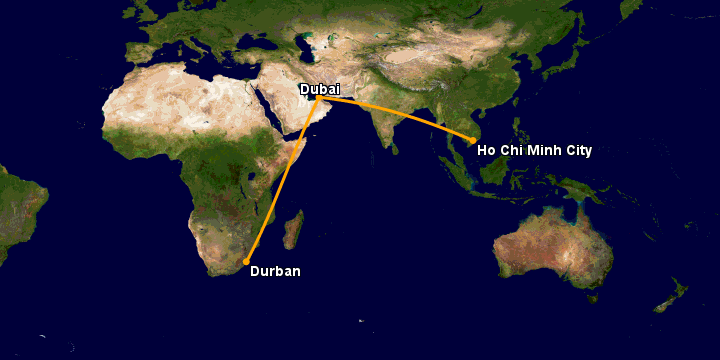 Bay từ Sài Gòn đến Durban qua Dubai