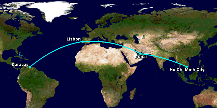Bay từ Sài Gòn đến Caracas qua Dubai, Lisbon
