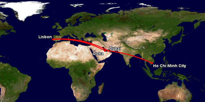 Bay từ Sài Gòn đến Doha qua Dubai, Lisbon