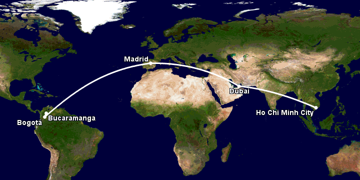 Bay từ Sài Gòn đến Bucaramanga qua Dubai, Madrid, Bogotá