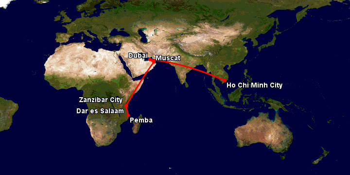Bay từ Sài Gòn đến Pemba qua Dubai, Muscat, Zanzibar, Dar es Salaam