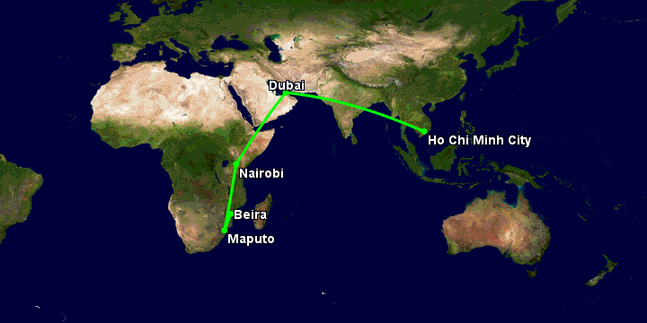 Bay từ Sài Gòn đến Beira qua Dubai, Nairobi, Maputo