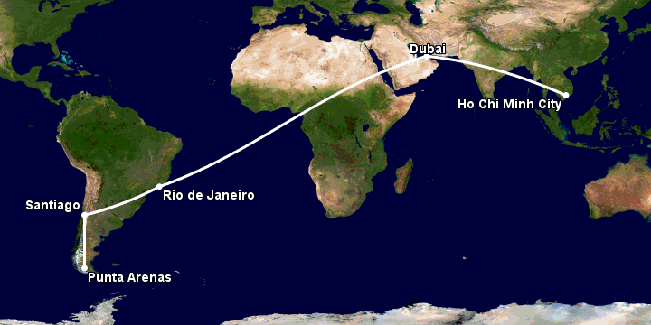 Bay từ Sài Gòn đến Punta Arenas qua Dubai, Rio de Janeiro, Santiago