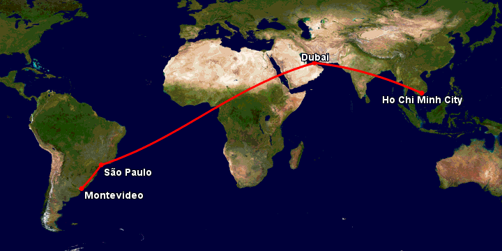 Bay từ Sài Gòn đến Montevideo qua Dubai, Sao Paulo