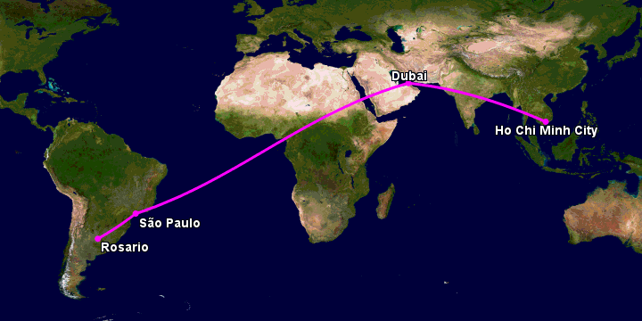 Bay từ Sài Gòn đến Rosario qua Dubai, Sao Paulo