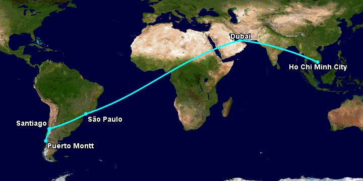 Bay từ Sài Gòn đến Puerto Montt qua Dubai, Sao Paulo, Santiago
