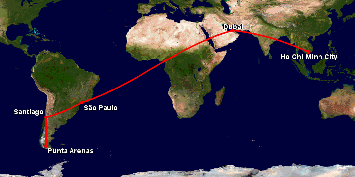 Bay từ Sài Gòn đến Punta Arenas qua Dubai, Sao Paulo, Santiago