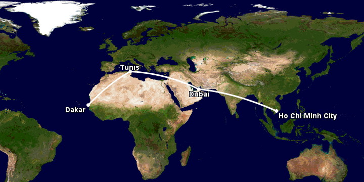 Bay từ Sài Gòn đến Dakar qua Dubai, Tunis