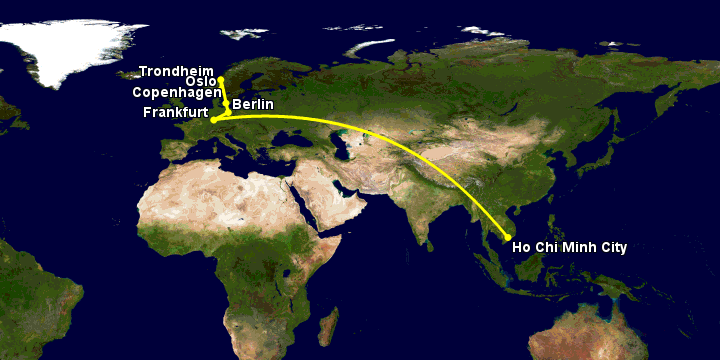 Bay từ Sài Gòn đến Oslo qua Frankfurt, Berlin, Copenhagen, Trondheim