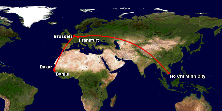 Bay từ Sài Gòn đến Banjul qua Frankfurt, Brussels, Dakar