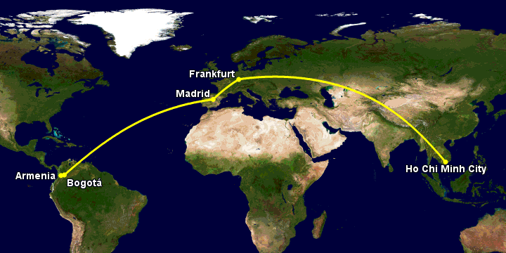 Bay từ Sài Gòn đến Armenia qua Frankfurt, Madrid, Bogotá