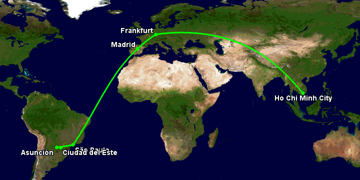 Bay từ Sài Gòn đến Ciudad Del Este qua Frankfurt, Madrid, Sao Paulo, Asunción