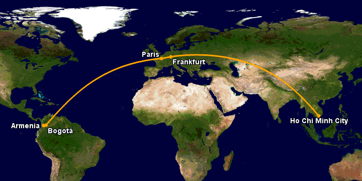 Bay từ Sài Gòn đến Armenia qua Frankfurt, Paris, Bogotá