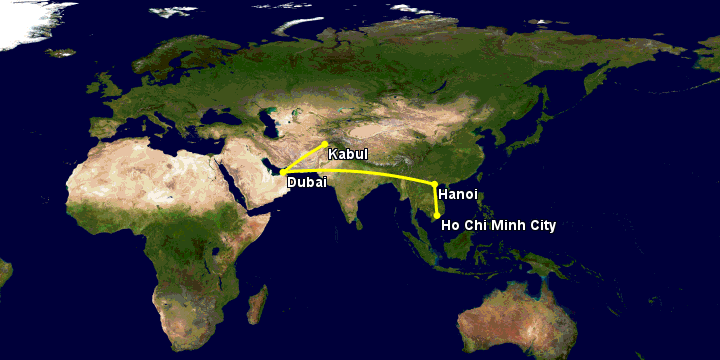 Bay từ Sài Gòn đến Kabul qua Hanoi, Dubai