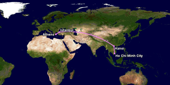 Bay từ Sài Gòn đến Athens qua Hanoi, Istanbul, Athens