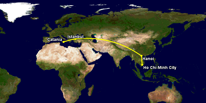 Bay từ Sài Gòn đến Catania qua Hanoi, Istanbul