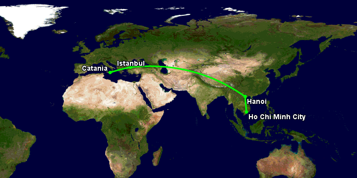 Bay từ Sài Gòn đến Catania qua Hanoi, Istanbul