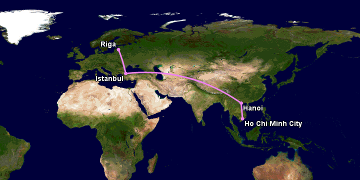 Bay từ Sài Gòn đến Riga qua Hanoi, Istanbul