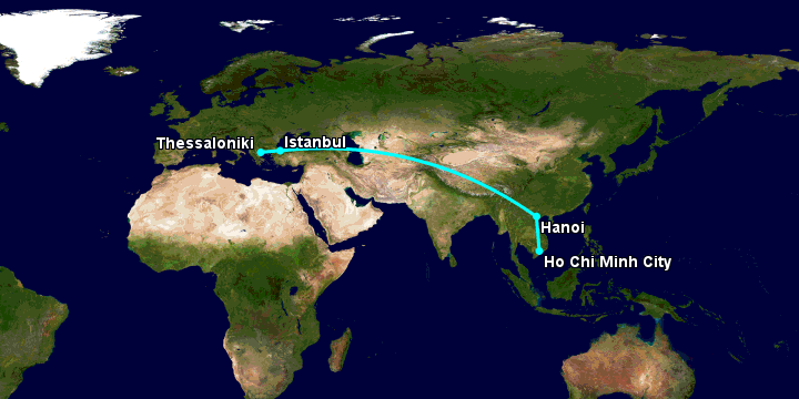 Bay từ Sài Gòn đến Thessaloniki qua Hanoi, Istanbul