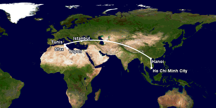 Bay từ Sài Gòn đến Sfax qua Hanoi, Istanbul, Tunis, Tripoli