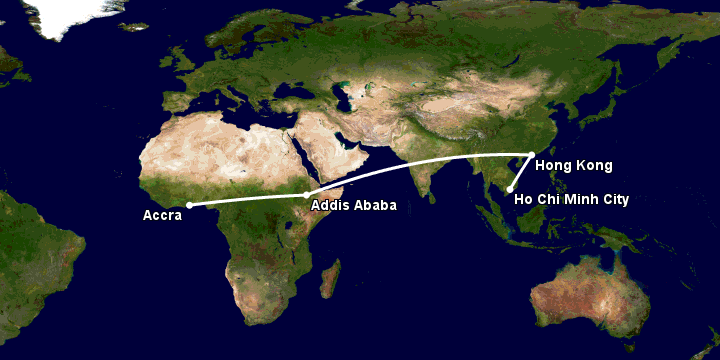 Bay từ Sài Gòn đến Accra qua Hong Kong, Addis Ababa
