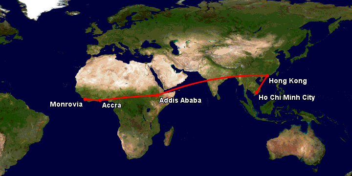 Bay từ Sài Gòn đến Monrovia Rob qua Hong Kong, Addis Ababa, Accra