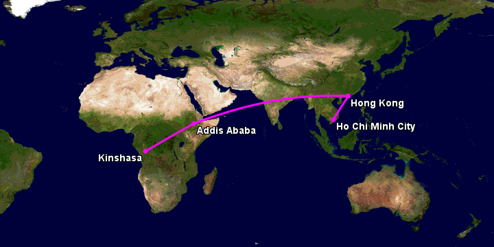 Bay từ Sài Gòn đến Kinshasa Ndjili qua Hong Kong, Addis Ababa