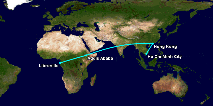 Bay từ Sài Gòn đến Libreville qua Hong Kong, Addis Ababa