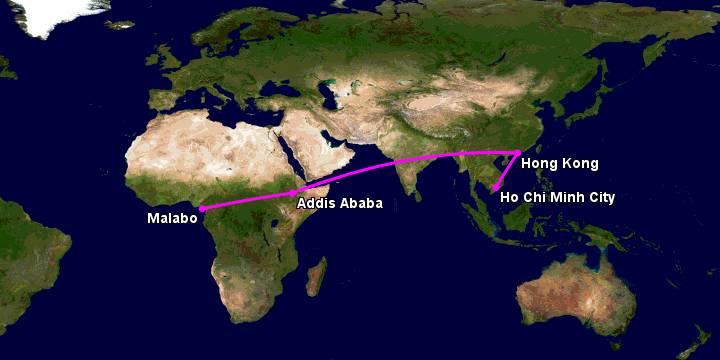 Bay từ Sài Gòn đến Malabo qua Hong Kong, Addis Ababa