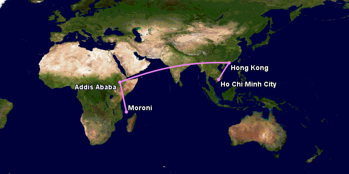 Bay từ Sài Gòn đến Moroni Hahaya qua Hong Kong, Addis Ababa