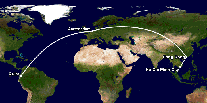 Bay từ Sài Gòn đến Quito qua Hong Kong, Amsterdam