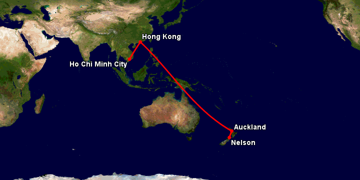Bay từ Sài Gòn đến Nelson qua Hong Kong, Auckland