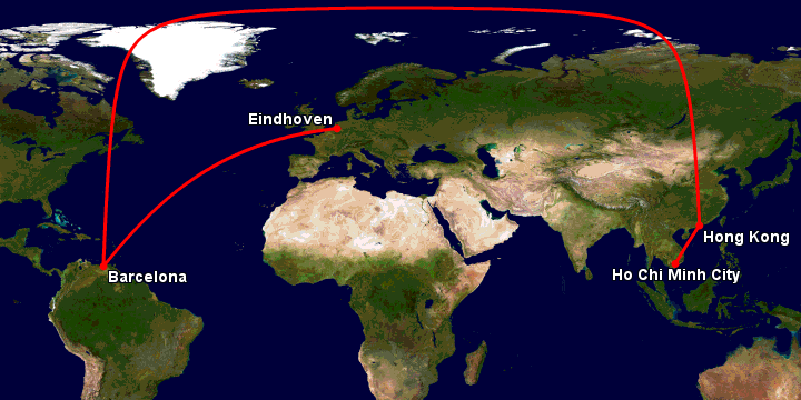 Bay từ Sài Gòn đến Eindhoven qua Hong Kong, Barcelona