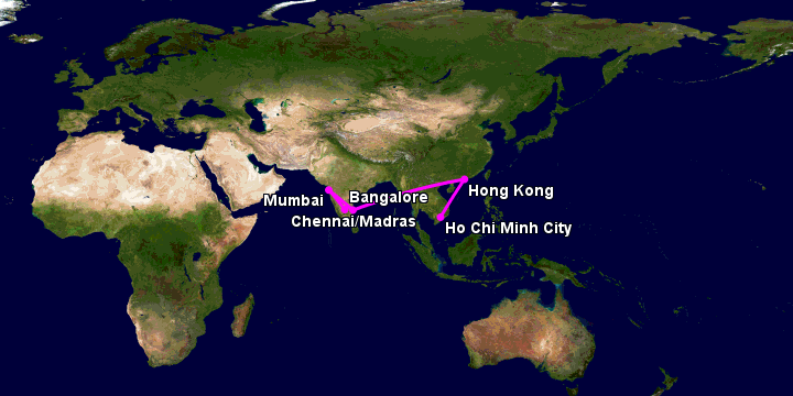 Bay từ Sài Gòn đến Bangalore qua Hong Kong, Chennai, Mumbai