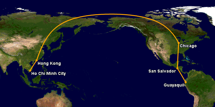 Bay từ Sài Gòn đến Guayaquil qua Hong Kong, Chicago, San Salvador