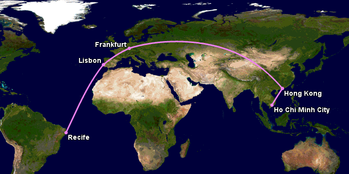 Bay từ Sài Gòn đến Recife qua Hong Kong, Frankfurt, Lisbon