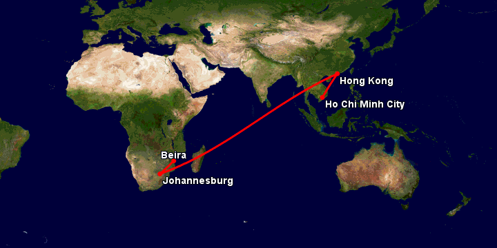 Bay từ Sài Gòn đến Beira qua Hong Kong, Johannesburg
