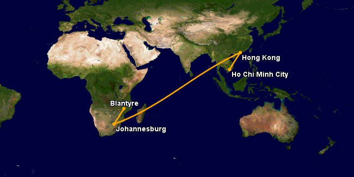 Bay từ Sài Gòn đến Blantyre qua Hong Kong, Johannesburg
