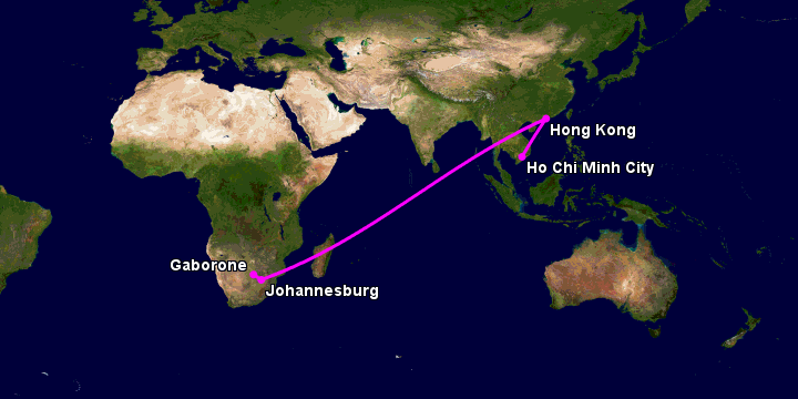 Bay từ Sài Gòn đến Gaborone qua Hong Kong, Johannesburg