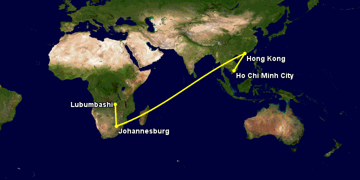 Bay từ Sài Gòn đến Lubumbashi qua Hong Kong, Johannesburg