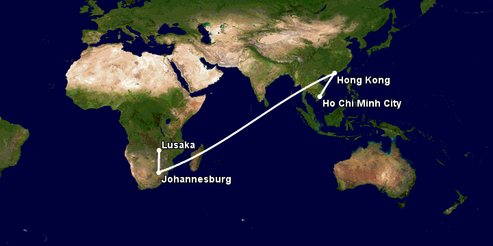 Bay từ Sài Gòn đến Lusaka qua Hong Kong, Johannesburg