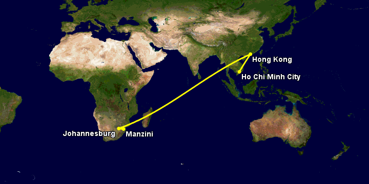 Bay từ Sài Gòn đến Manzini qua Hong Kong, Johannesburg