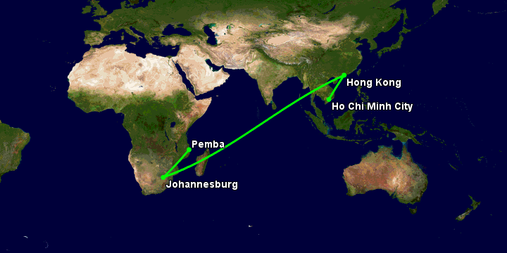 Bay từ Sài Gòn đến Pemba qua Hong Kong, Johannesburg