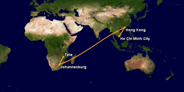 Bay từ Sài Gòn đến Tete qua Hong Kong, Johannesburg