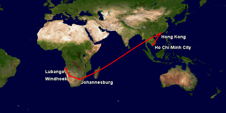 Bay từ Sài Gòn đến Lubango qua Hong Kong, Johannesburg, Windhoek