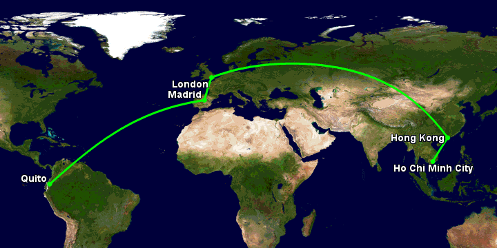 Bay từ Sài Gòn đến Quito qua Hong Kong, London, Madrid
